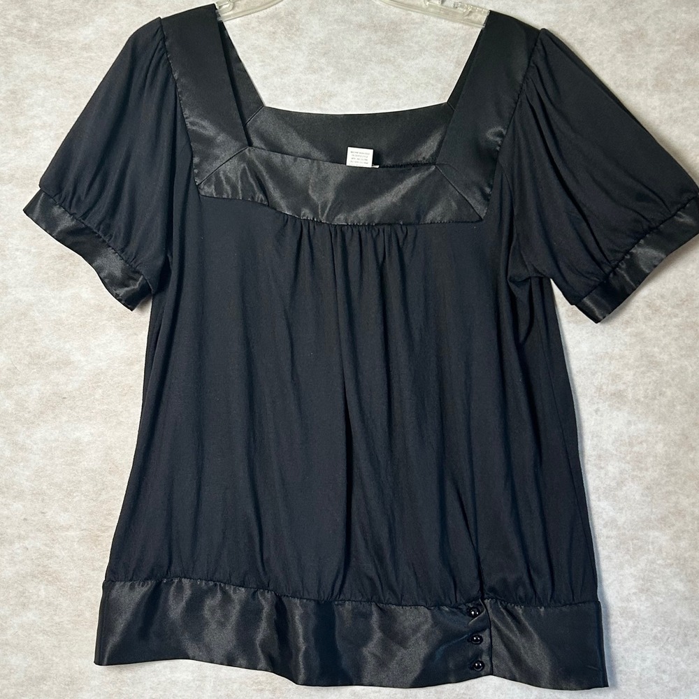 cdiv Creative Design Works Black Square Neck Satin Trim Blouse XL Short‎ Sleeve